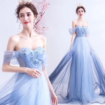 Charming Gradient Color Sky Blue Evening Dresses 2020 A Line Princess Off The Shoulder Appliques Beading Crystal Rhinestone Sequins Short Sleeve Backless Floor Length Long Formal Dresses