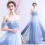 Charming Gradient-Color Sky Blue Evening Dresses  2020 A-Line / Princess Off-The-Shoulder Appliques Beading Crystal Rhinestone Sequins Short Sleeve Backless Floor-Length / Long Formal Dresses