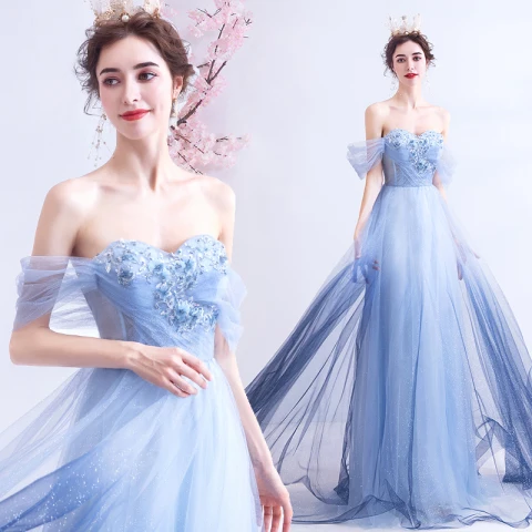 Charming Gradient-Color Sky Blue Evening Dresses  2020 A-Line / Princess Off-The-Shoulder Appliques Beading Crystal Rhinestone Sequins Short Sleeve Backless Floor-Length / Long Formal Dresses