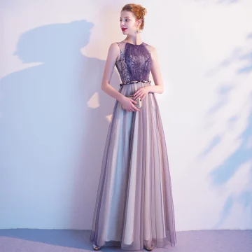 Chic Belle Violet Robe De Soirée 2020 Princesse En Dentelle Encolure Dégagée Sans Manches Longue Robe De Ceremonie