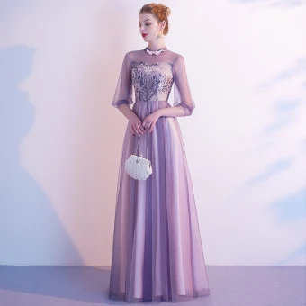 Chic Belle Lavande Robe De Soirée 2020 Princesse Col Haut En Dentelle Fleur 1 2 Manches Dos Nu Longue Robe De Ceremonie