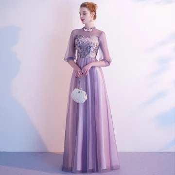 Chic Belle Lavande Robe De Soirée 2020 Princesse Col Haut En Dentelle Fleur 1 2 Manches Dos Nu Longue Robe De Ceremonie