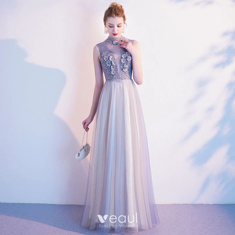Elegant Grey Evening Dresses 2020 A-Line / Princess High Neck Pearl ...