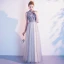 Elegant Grey Evening Dresses  2020 A-Line / Princess High Neck Pearl Rhinestone Lace Flower Sleeveless Floor-Length / Long Formal Dresses