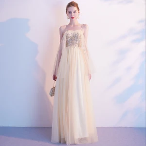 Charming Champagne Evening Dresses 2020 A Line Princess Spaghetti Straps Beading Sequins Sleeveless Backless Floor Length Long Formal Dresses