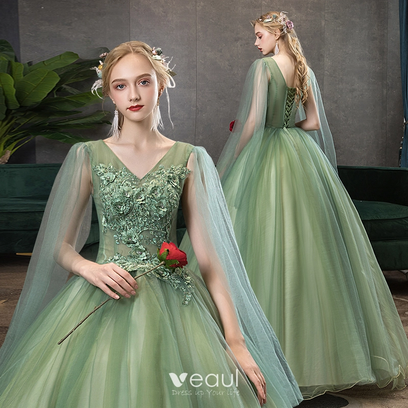 Long Sleeves V Neck Short Green Lace Prom Dresses, Long Sleeves
