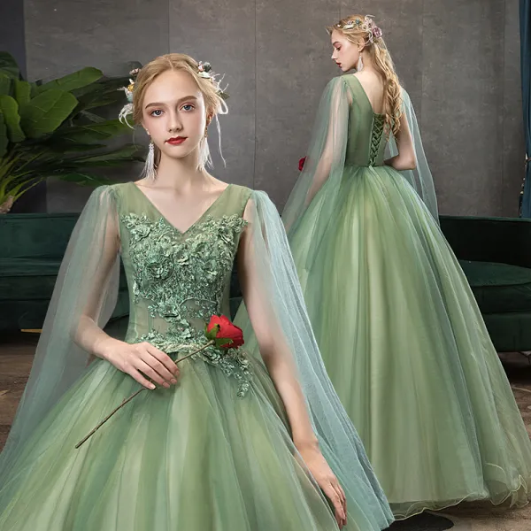 Elegant Lime Green Prom Dresses 2020 Ball Gown V-Neck Beading Rhinestone Lace Flower Short Sleeve Backless Floor-Length / Long Formal Dresses