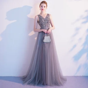 Elegant Grey Evening Dresses 2020 A Line Princess V Neck Beading Sequins Sleeveless Backless Floor Length Long Formal Dresses