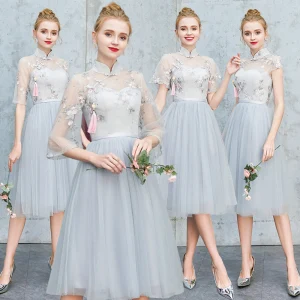 Chinese Style Grey Embroidered Bridesmaid Dresses 2021 A Line Princess High Neck Short Sleeve Backless Tea Length Bridesmaid Wedding Party Dresses