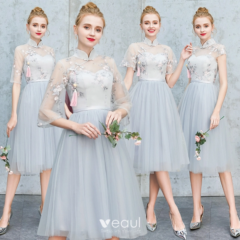Chinese style Grey Embroidered Bridesmaid Dresses 2021 A Line Princess High Neck Short Sleeve Backless Tea length Bridesmaid Wedding Party Dresses