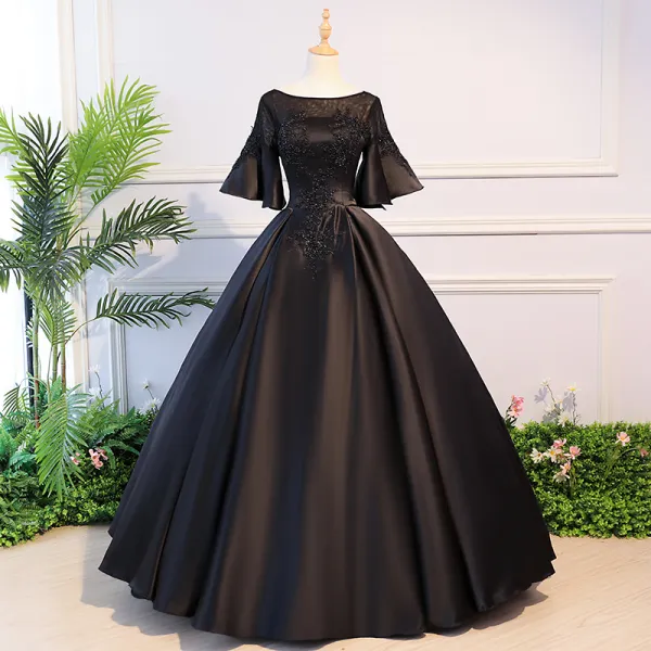 Elegant Black Quinceañera Prom Dresses 2018 Ball Gown Lace Flower Beading Crystal Scoop Neck Backless 1/2 Sleeves Floor-Length / Long Formal Dresses