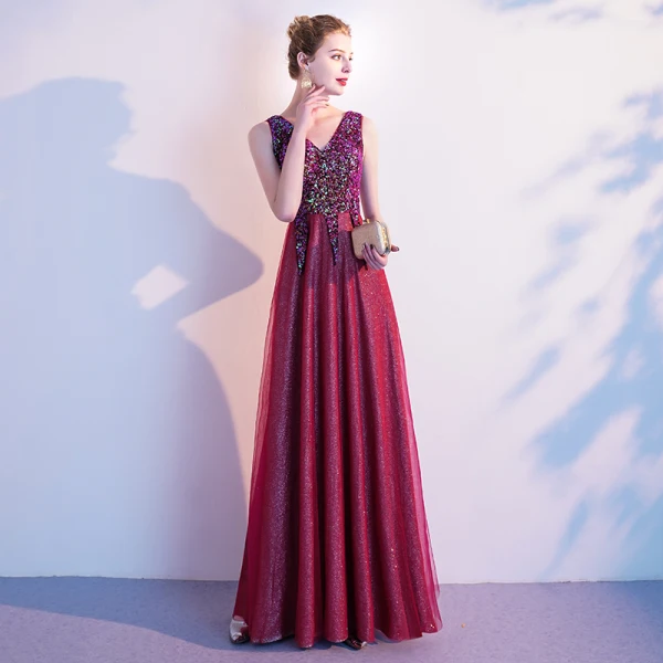 Classy Burgundy Evening Dresses 2020 A-Line / Princess V-Neck Sequins Sleeveless Backless Floor-Length / Long Formal Dresses