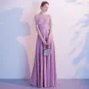 Chic / Beautiful Candy Pink Evening Dresses  2020 A-Line / Princess V-Neck Rhinestone Short Sleeve Backless Floor-Length / Long Formal Dresses