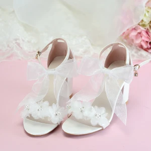 Classy Ivory Evening Party Womens Sandals 2020 Ankle Strap Appliques Pearl Bow 7 Cm Thick Heels Open Peep Toe Sandals
