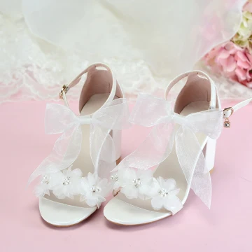 Stilig Elfenben Afton Sandaler Dam 2020 Ankelband Appliqués Pärla Rosett 7 Cm Tjocka Klackar Peep Toe Sandaler