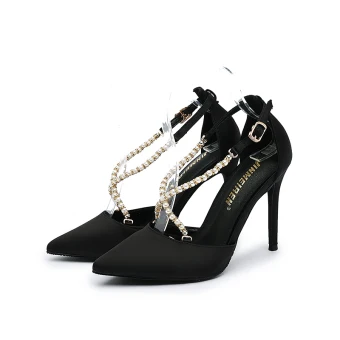 Chic Beautiful Black Evening Party Womens Sandals 2020 Satin Pearl X Strap 10 Cm Stiletto Heels Pointed Toe Sandals