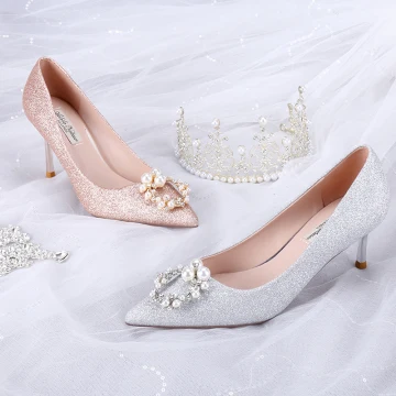 Mode Glans Zilveren Bruidsschoenen 2020 Pailletten Parel Rhinestone 8 Cm Naaldhakken Stiletto Spitse Neus Huwelijk Pumps