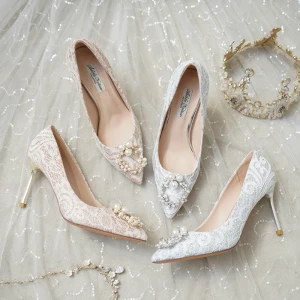Fashion Silver Wedding Shoes 2020 Lace Pearl Rhinestone 8 Cm Stiletto Heels Pointed Toe Wedding Pumps
