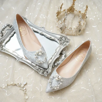 Mode Silver Platt Brudskor 2020 Pärla Rhinestone Paljetter Spetsiga