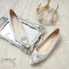 Charming Silver Flat Lace Wedding Shoes 2020 Pearl Rhinestone Pointed Toe