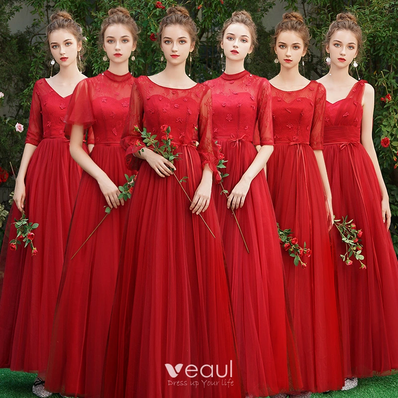 Modest Simple Burgundy Bridesmaid Dresses 2021 A Line Princess Scoop Neck Short Sleeve Backless Floor Length Long Wedding Party Dresses