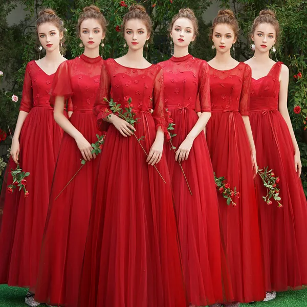 Modest / Simple Burgundy Bridesmaid Dresses 2021 A-Line / Princess Scoop Neck Short Sleeve Backless Floor-Length / Long Wedding Party Dresses