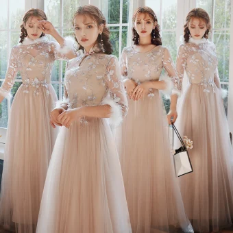 Chinese Style Elegant Blushing Pink Embroidered Bridesmaid Dresses 2021 A Line Princess Scoop Neck 3 4 Sleeve Floor Length Long Wedding Party Dresses
