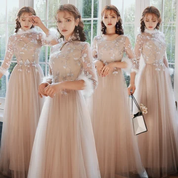 Style Chinois Élégant Rougissant Rose Brodé Robe Demoiselle D Honneur 2021 Princesse Encolure Dégagée 3 4 Manches Longue Robe Pour Mariage
