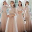 Chinese style Elegant Blushing Pink Embroidered Bridesmaid Dresses 2021 A-Line / Princess Scoop Neck 3/4 Sleeve Floor-Length / Long Wedding Party Dresses