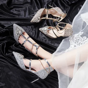 Sparkly Sølv Brudesko Polyester 2020 T Stropp Rhinestone Paljetter 8 Cm Stiletthæler Spisse Bryllup Høyhælte