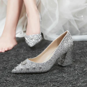 Scintillantes Argenté Chaussure De Mariée 2020 Faux Diamant Rivet Paillettes 7 Cm Talons Épais À Bout Pointu Mariage Escarpins