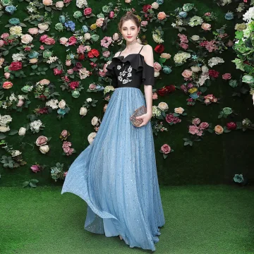 Chic Belle Noire Robe De Soirée 2020 Princesse Bretelles Spaghetti Paillettes En Dentelle Fleur Manches Courtes Dos Nu Longue Robe De Ceremonie