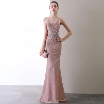 Sexy Rougissant Rose Robe De Soirée 2020 Trompette Sirène Bretelles Spaghetti Perlage Paillettes Sans Manches Dos Nu Longue Robe De Ceremonie