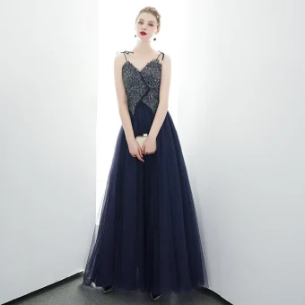 Chic Bleu Marine Robe De Soirée 2020 Princesse Bretelles Spaghetti Perlage Paillettes Sans Manches Dos Nu Longue Robe De Ceremonie