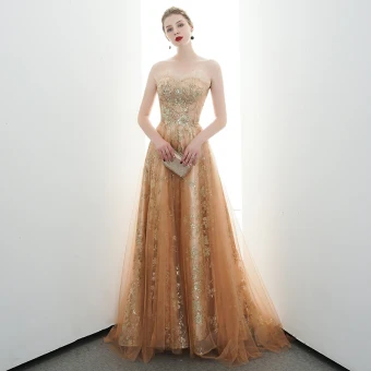 Charming Gold Evening Dresses 2020 A Line Princess Strapless Beading Sequins Lace Flower Sleeveless Backless Sweep Train Formal Dresses