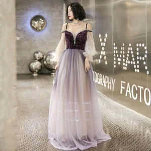 Chic Beautiful Gradient Color Purple Evening Dresses 2020 A Line Princess Spaghetti Straps Sequins 3 4 Sleeve Backless Floor Length Long Formal Dresses