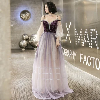 Snygga Fina Gradient Färg Purple Aftonklänningar 2020 Prinsessa Spaghettiband Paljetter 3 4 Ärm Halterneck Långa Formella Klänningar