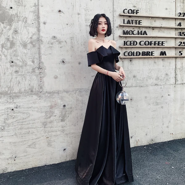 black formal dress off the shoulder Off The Shoulder Ankle-Length Black Long Prom Dress Party Dress PG436 US6 / Custom Color main image 1