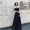 Elegant Black Evening Dresses  2020 A-Line / Princess Off-The-Shoulder Short Sleeve Backless Floor-Length / Long Formal Dresses