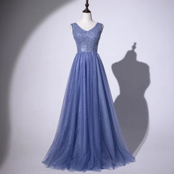 Chic Belle Océan Bleu Robe De Soirée 2020 Princesse V Cou Perlage Glitter Paillettes Sans Manches Dos Nu Longue Robe De Ceremonie
