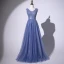Chic / Belle Océan Bleu Robe De Soirée 2020 Princesse V-Cou Perlage Glitter Paillettes Sans Manches Dos Nu Longue Robe De Ceremonie