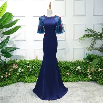 Chic Belle Bleu Roi Robe De Soirée 2018 Trompette Sirène En Dentelle Fleur Appliques Perlage Paillettes Encolure Dégagée 1 2 Manches Train De Balayage Robe De Ceremonie