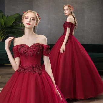 Elegant Burgundy Prom Dresses 2020 A Line Princess Off The Shoulder Beading Crystal Rhinestone Lace Flower Short Sleeve Backless Floor Length Long Formal Dresses
