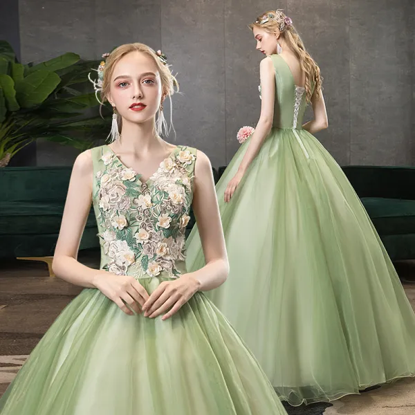 Elegant Lime Green Prom Dresses 2020 A-Line / Princess V-Neck Pearl Lace Flower Sleeveless Backless Floor-Length / Long Formal Dresses
