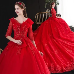 Charming Red Wedding Dresses 2020 A Line Princess V Neck Beading Rhinestone Sequins Lace Flower 1 2 Sleeves Backless Cathedral Train