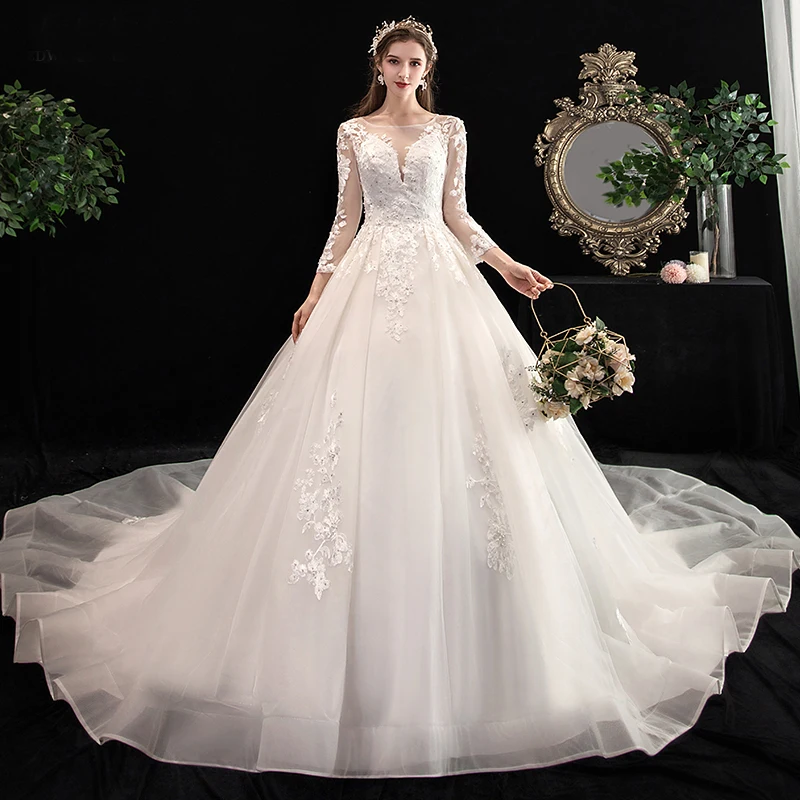 Fabulous Ivory Wedding Dresses 2020 A-Line / Princess Scoop Neck Pearl Rhinestone Lace Flower 3/4 Sleeve Backless Cathedral Train Fabulous Ivory Wedding Dresses 2020 A-Line / Princess Scoop Neck Pearl Rhinestone Lace Flower 3/4 Sleeve Backless Cathedral Train