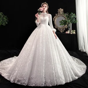 Vintage Originale Style Chinois Ivoire Robe De Mariée 2020 Princesse Col Haut En Dentelle Fleur Étoile Paillettes 3 4 Manches Dos Nu Cathedral Train