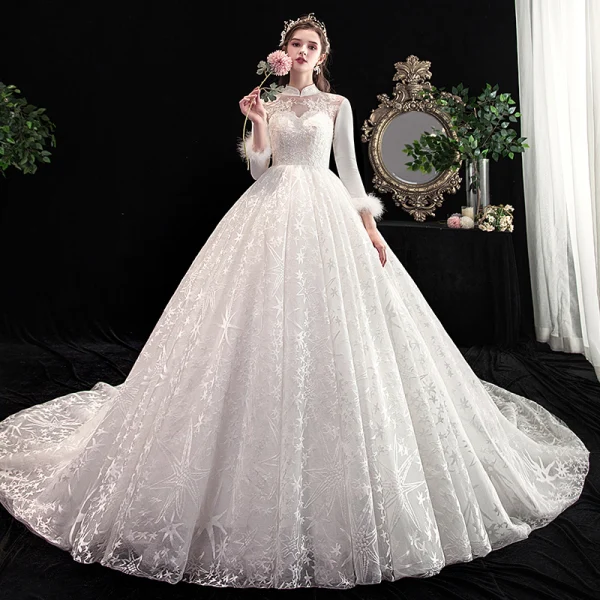 Vintage / Retro Chinese style Ivory Wedding Dresses 2020 A-Line / Princess High Neck Lace Flower Star Vintage / Retro Chinese style Ivory Wedding Dresses 2020 A-Line / Princess High Neck Lace Flower Star