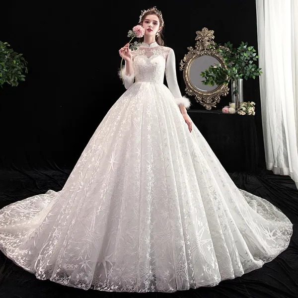 Vintage / Retro Chinese style Ivory Wedding Dresses 2020 A-Line / Princess High Neck Lace Flower Star Sequins 3/4 Sleeve Backless Cathedral Train