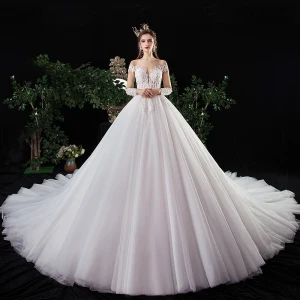Charming Ivory Wedding Dresses 2020 A Line Princess Scoop Neck Beading Pearl Sequins Lace Flower Long Sleeve Cathedral Train